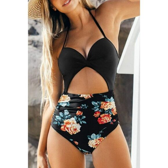 NWT Cupshe Black Floral Print Halter One Piece Vacation Swimsuit Size Small - Picture 6 of 16